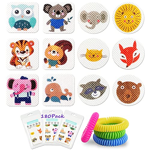 180 Pack Mosquito Stickers for Kids Adult Outdoor Indoor Travel, Natural Plant Based Ingredients Mosquito Patches Stickers with 4 Pack Mosquito Repellent Bracelets