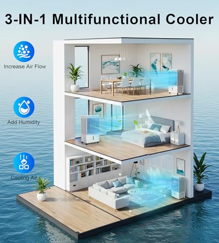 AKIRES 6000CFM Large Swamp Cooler with 13.5-Gal Water Tank,3-IN-1 Evaporative Air Cooler with Remote Control,4 Ice Packs,12H Timer, Evaporative Cooler for Indoor,Outdoor,Garage Use(46IN)