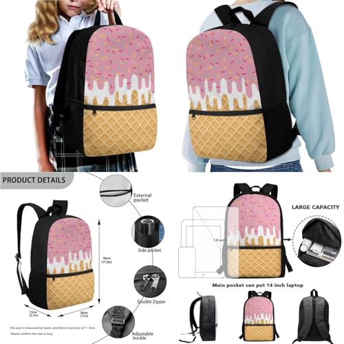 Ice Cream Printed 4 Pcs School Backpack for Kids Girls, Portable School Bag Large Capacity Students Knapsack with Lunch Box Water Bottle Holder2