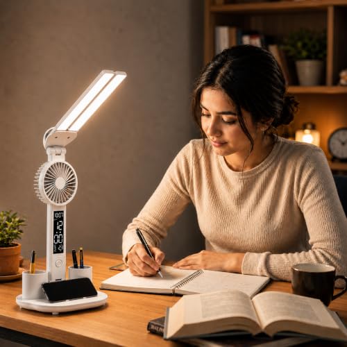 Image of One94Store SmartTwin Pro Design Rechargeable LED Table Lamp | Dual Arm Desk Light with Fan & Phone Holder | Touch Control Dimmable Study Lamp | 2400mAh Battery | USB Powered (White)