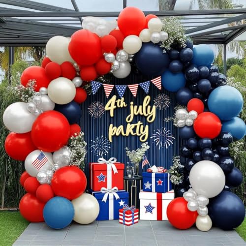 Image of Navy Blue Red White Balloon Arch, Double Stuffed Royal Blue Red White Sand Balloon Garland Kit for Birthday 4th of July Independence Day Patriotic Baby Shower Baseball Nautical Graduation Party Decor