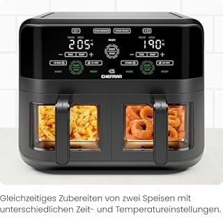 CHEFMAN 5,6 Liter Doppelkorb- Heißluftfritteuse mit Easy-View-Fenster, Sync-Finish, Hi-Fry, automatische Abschaltung, spülmaschinenfest, 2100W, digital - Schwarz