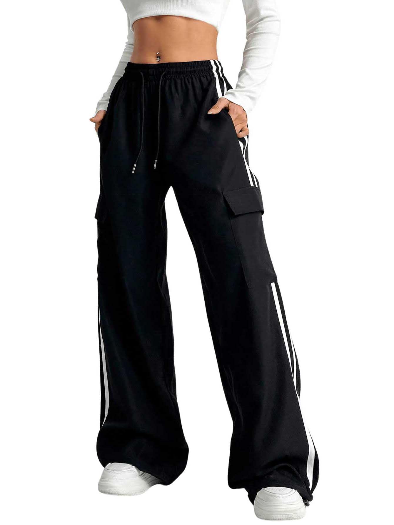 Verdusa Women's Cargo Pants Baggy Straight Wide Leg Track Pants Striped Joggers with Pockets Athletic Streetwear