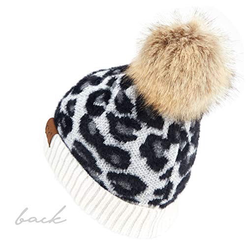 Image of C.C Exclusives Soft Beanie hat with Leopard Pattern and Fur Pom(HAT-7001)(SF-7001)