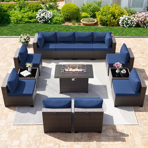 Image of 13 Pieces Outdoor Patio Furniture Set,Outdoor Sectional Furniture with 43 inch 55000 BTU Gas Propane Fire Pit Table,PE Rattan Wicker Patio Conversation Set with 10 Thickened Cushions,Navy Blue