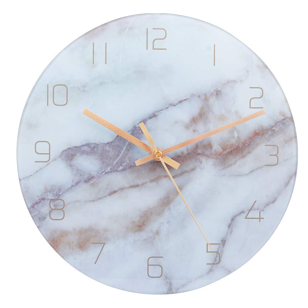 PATGO Decorative Glass Wall Clock for Marble Pattern Fans in Kitchen,Living Room, Bedroom, Office-Gold Pointer, Battery Operated