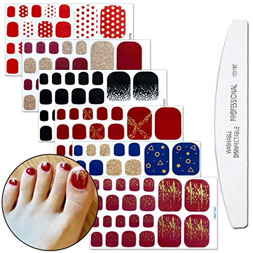 WOKOTO 6 Sheets Adhesive Toenail Art Polish Stickers Tips with 1Pc Nail File Full Wraps Nail Decals Strips Set Glitter Manicure Design for Women
