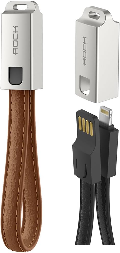 Zoiibuy Short Portable USB Lightning Data Cable Charging Cable Leather Key Chain for iPhone 5 6 7 iPad, ROCK (Brown)