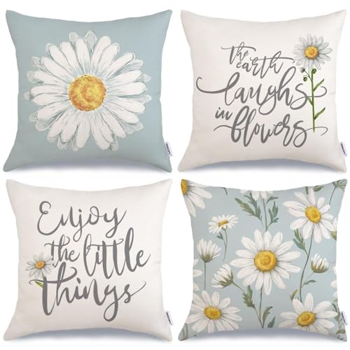 GEEORY Summer Daisy Quote Pillow Covers Set of 4 18x18 Inch Farmhouse Floral Decorative Throw Pillow Cases for Home Decor