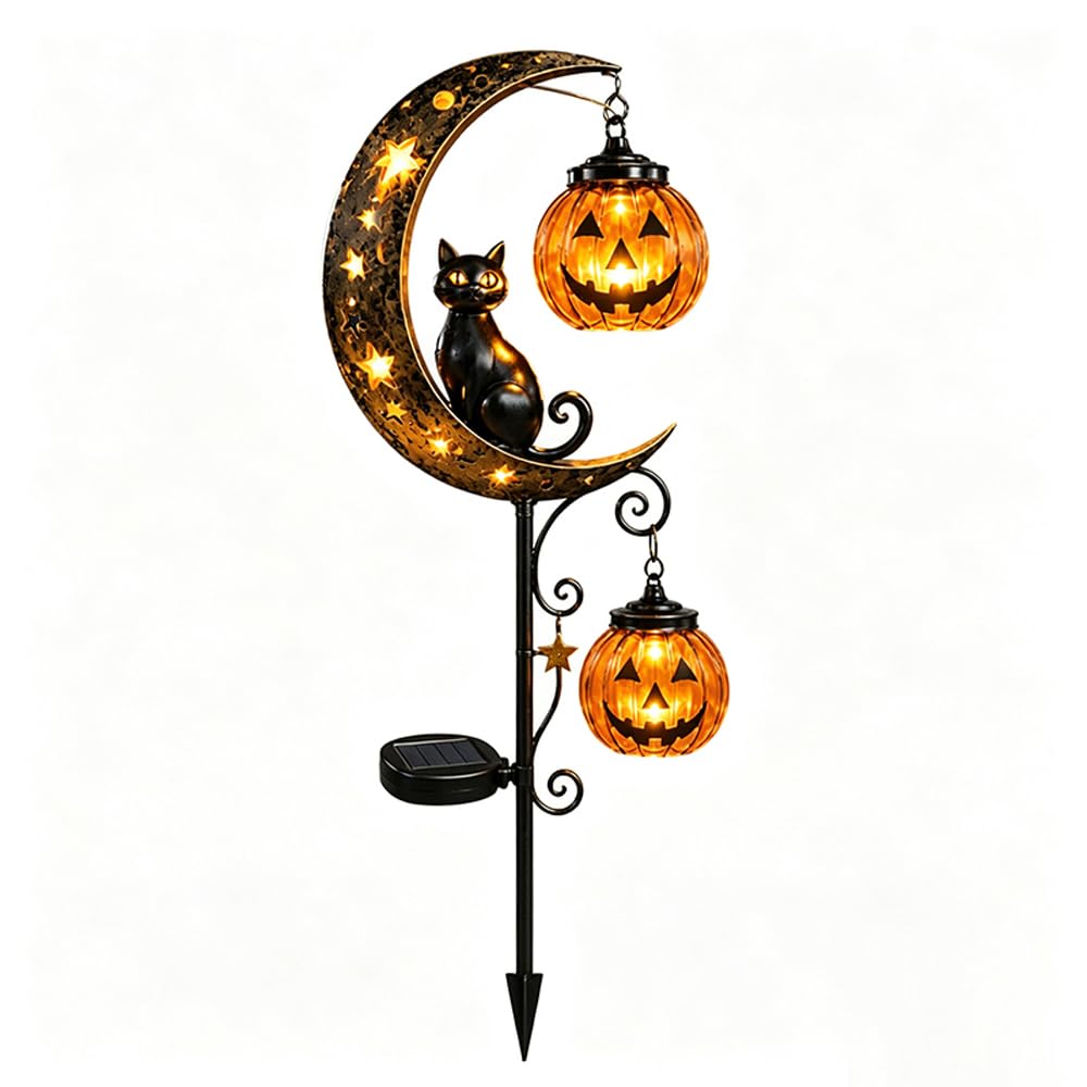Solar Halloween Black Cat Garden Light, Pumpkin Moon Stake Auto On/Off