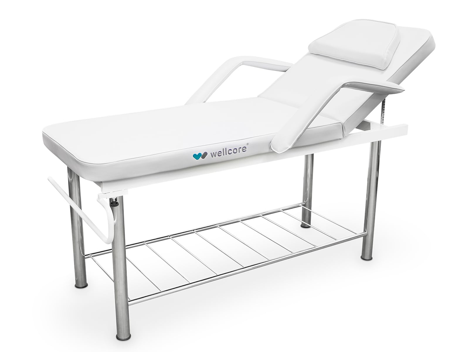 QUIRUMED WELLCORE Camilla Fija Profesional de Acero 2 Cuerpos con Reposabrazos Extraíbles, Respaldo Regulable, Agujero Facial y Portarrollos, Color Blanco, hasta 150 kg