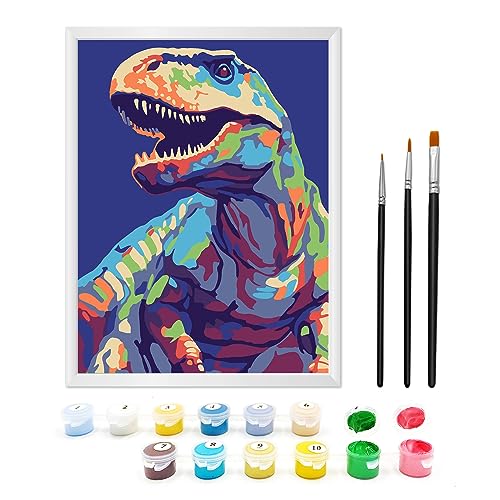 Zimrobin Malen Nach Zahlen ab 5 6 7 Jahre Mädchen und Junge Malen Nach Zahlen für Kinder mit Rahmen 3 Pinsel und Acrylfarben 18 X 24cmTyrannosaurus Rex2