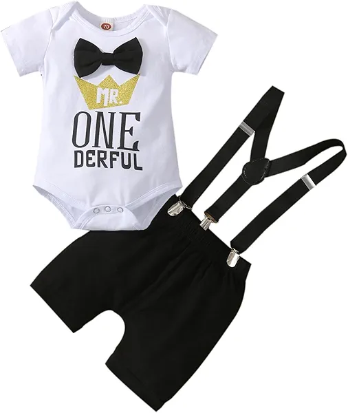 Baby Boy Funny First Birthday Clothes Infant Clothes Cake Smash Outfits Bow Tie Dinosaur Themed Romper Pants Set Suspenders