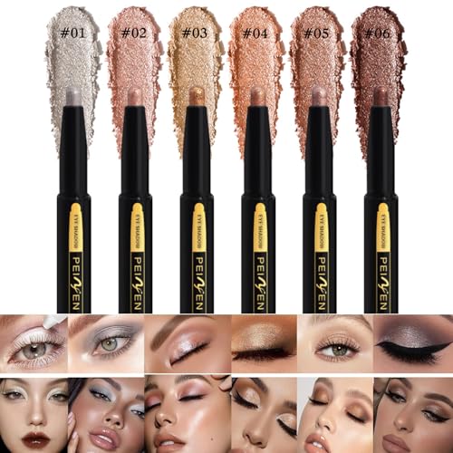 6pcs Eyeshadow Sticks, Multi-color Eyeshadow Pencil Set, Waterproof Long-lasting Eye Makeup, Natural and Glitter Tone Contour Sticks, High Pigment, Smooth and Easy to Color (Pack of Six)