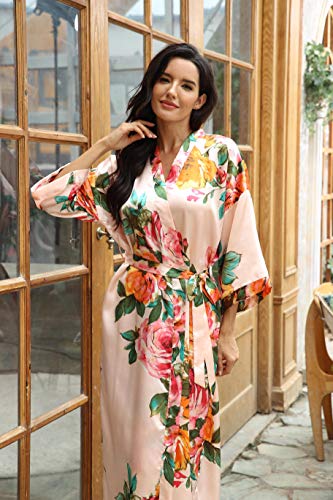 Image of Women Silk Kimono Robe Long Floral Bridesmaids Robes Satin | Wedding Party Bridal Getting Ready Robe Lightweight Dressing Gown Loungewear Sleepwear