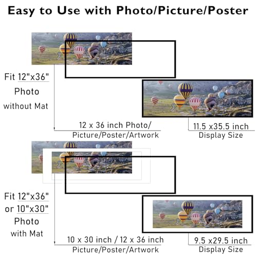 Image of JCJMY 12x36 Picture Frame with 10x30 Mat, Display Photo 10x30 with Mat or 12 x 36 Without Mat, Wall Hanging Large 12 by 36 Poster Frame with Plexiglass, Black