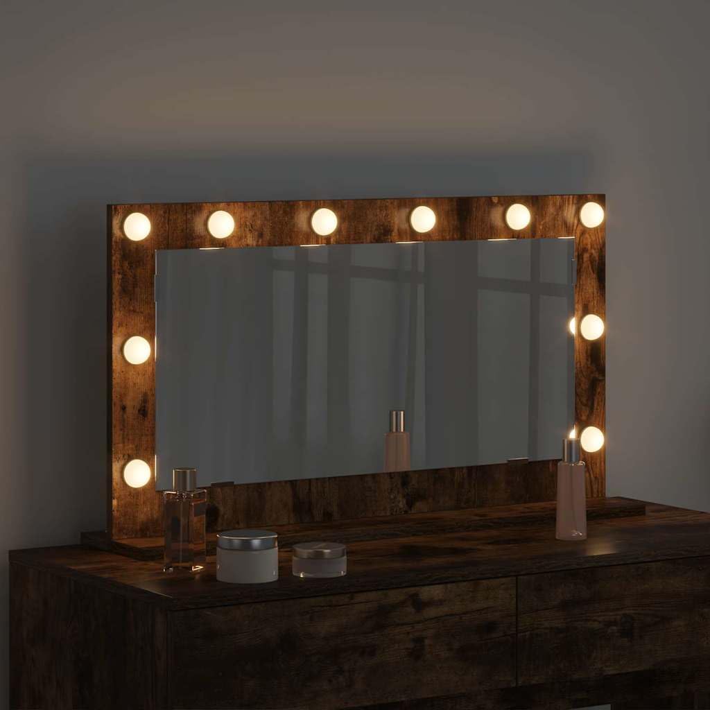 Espejo de tocador con tira LED roble ahumado 80 x 45 x 18 cm, cristal y madera chapada, luz blanca cálida, para dormitorio, baño y vestidor