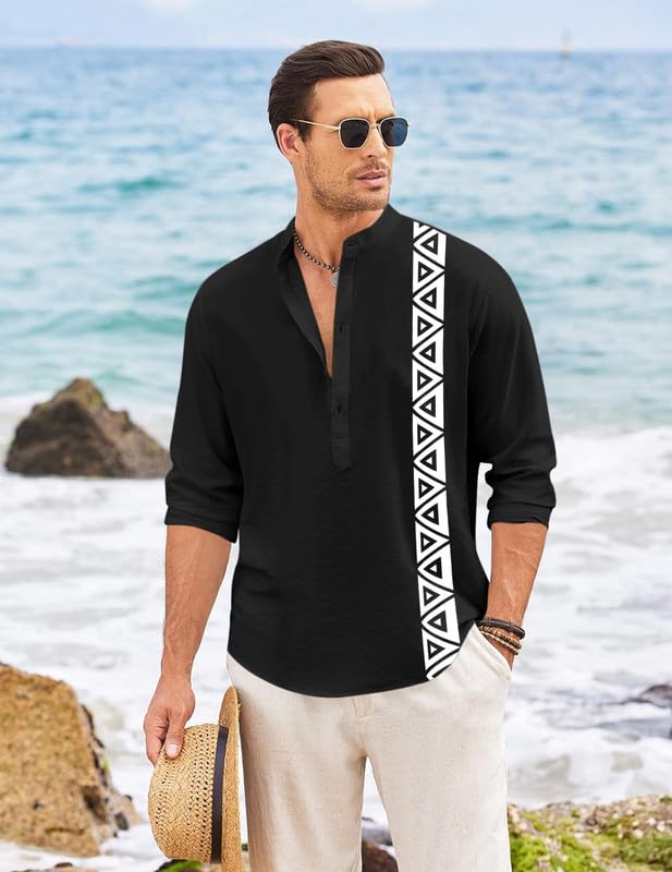 Image of FINIVO FASHION Men's Short Kurta with Printed Geometric Side Panel | Cotton Blend Full Sleeve Ethnic Topwear with Mandarin Collar | Stylish Indo-Fusion Kurta for Daily, Festive, or Casual Wear
