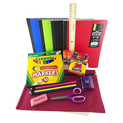 Back to School Bundle/Starter Pack/Good for Grade School/Elementary - Includes Fuschia Supply Pouch, notebooks, Ruler, Glue Sticks, Pencil Sharpener, Pencils, Markers, Crayons, Eraser and Scissors