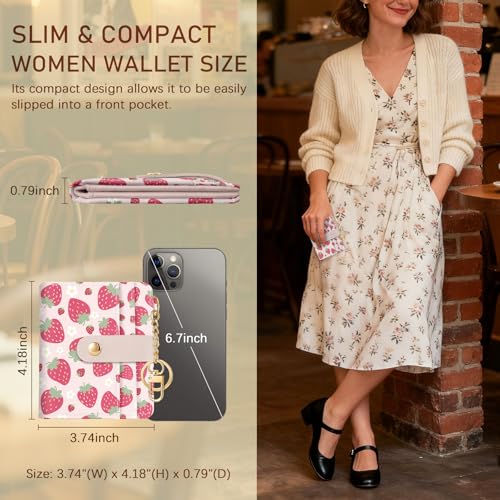 Image of Jogjam Strawberry Rfid Girls Girly Teen Wallet, Small Slim Thin Compact Travel Credit Card Women Wallet, Cute PU Leather Bifold Cash Zipper Coin Pocket ID Window for Female Ladies Gifts