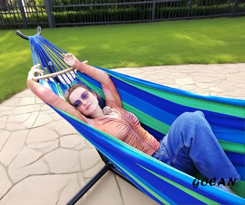 Image of GOCAN Double Hammock 2 Person Large 220x160cm with Steel Stand and Removable Spreader bar Load 500lb, Canvas Cotton Hammocks for Patio Porch Garden Backyard Outdoor and Indoor, Blue