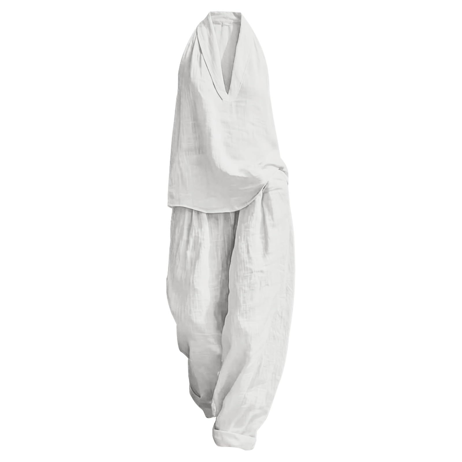 Générique Ensemble Femmes Lin et Coton 2 Pièces Chic Col en V Col Rabattu sans Manches Ensemble Haut et Wide Leg Pants Été Élégant Couleur Unie Loungewear