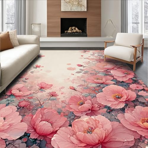 Image of ODIKA Flatwoven High Traffic Area Rug 8x10, Sweet Bow Girly Pink Petal Accent, Non Slip, Stain Resistant, Washable Area Rugs for Living Room, Bedroom (Pink, 8x10)