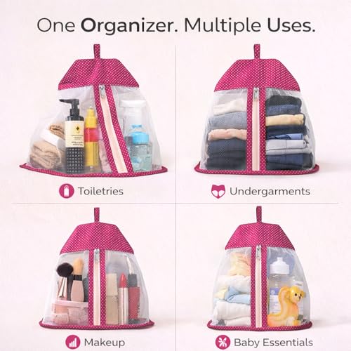 Image of Kuber Industries 2 Pcs Cotton Dot Print Net Storage Hanging Organizer Bag for Undergarment | See Through Hanging Innerwear Organiser For Wardrobe | Pink