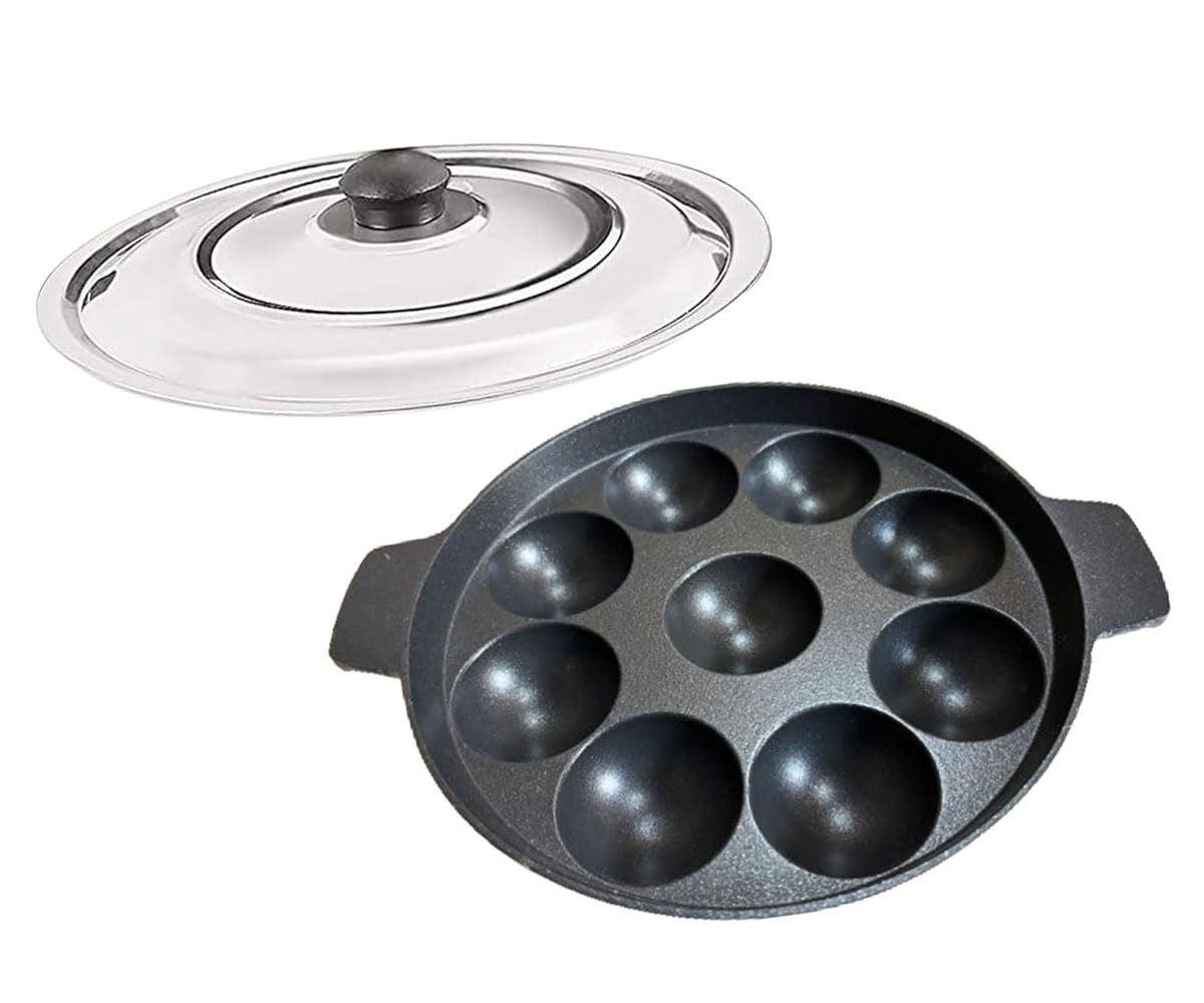 Satre Online and Marketing Aluminium 9 Cavity Induction Base Appam Pan with Steel Lid, Two Sided Handel, Non Stick