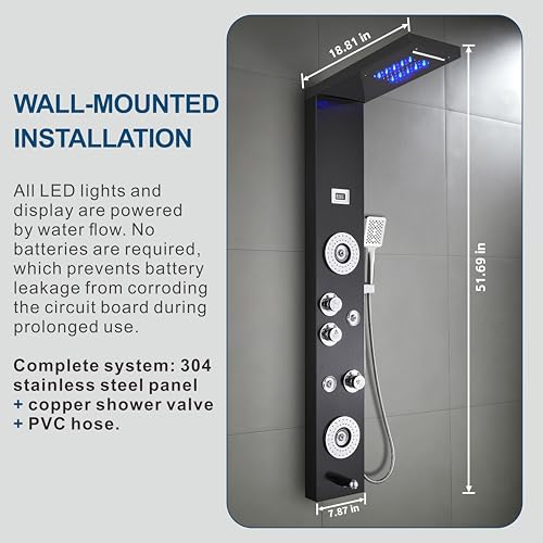Image of ELLO&ALLO Stainless Steel Shower Panel Tower System,LED Shower Head 6-Function Faucet Rain Massage System with Body Jets, Black