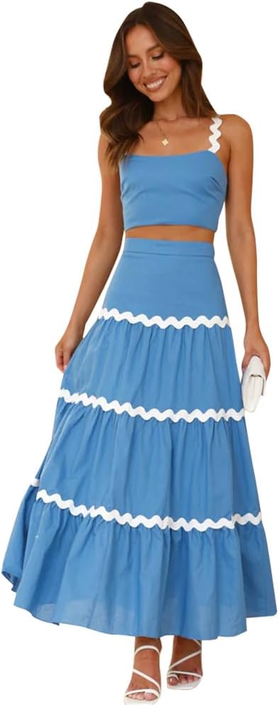 IDOPIP Women Boho Summer Camisole Top with Tiered Flowy Maxi Skirt Casual Contrast Rickrack Trim Spaghetti Straps 2PCS Outfit Blue Medium