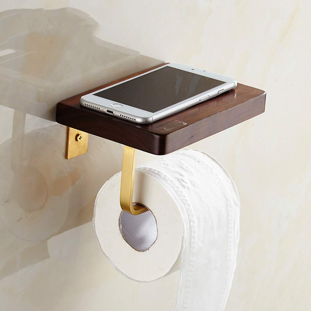 Portarrollos Para Papel Higiénico Con Estante De Latón Y Nogal Negro Soporte De Papel Higiénico Montado En La Pared Accesorios De Baño Decoración Estante De Almacenamiento Para Hotel Cocina Baño