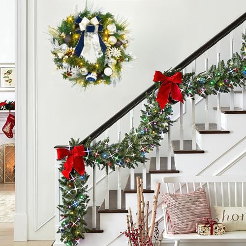 24 Inch Christmas Wreaths for Front Door, Prelit Silver Blue Christmas Wreath with 20 LED Lights Pine Cones Ball Ornaments Snowflakes for Fireplace Mantle Indoor Outdoor Xmas Decor