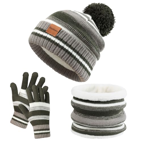 Image of Kids Winter Hat Gloves Scarf Set: Girls Boys Beanie Fleece Lined Ages 6-10