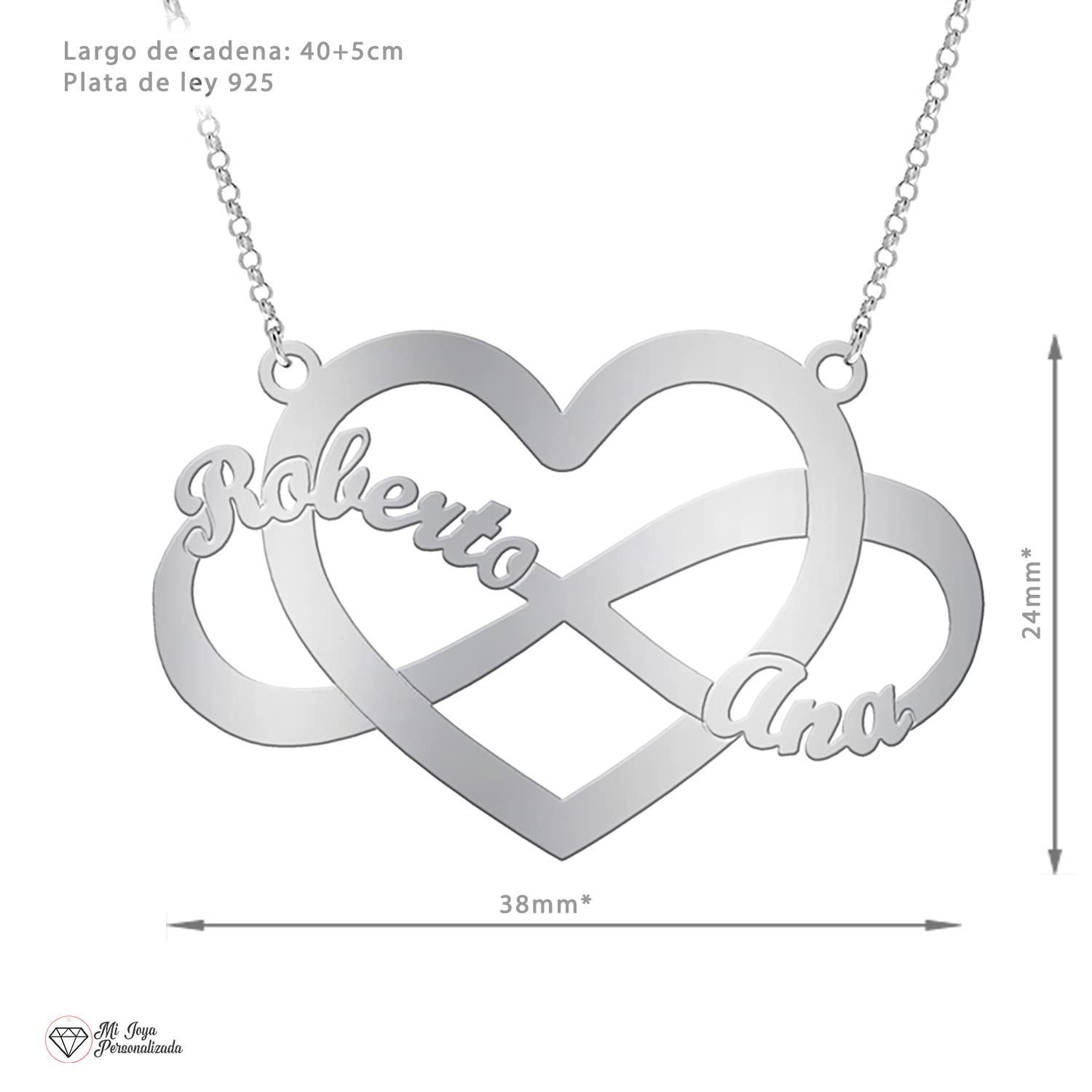 Collar Infinito Personalizado con Nombres - Colgante Corazón Plata de Ley Mujer - Regalo Ideal Novia Amiga Pareja Madre