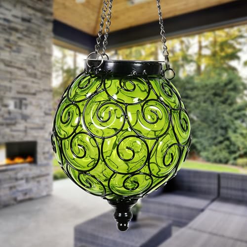 Exhart Outdoor Garden Solar Lights, Round Glass and Metal Hanging Lantern, 15 Firefly LED Lights, 7 x 20 Inch, Green Exhart Outdoor Garden Solar Lights, Round Glass and Metal Hanging Lantern, 15 Firefly LED Lights, 7 x 20 Inch, Green