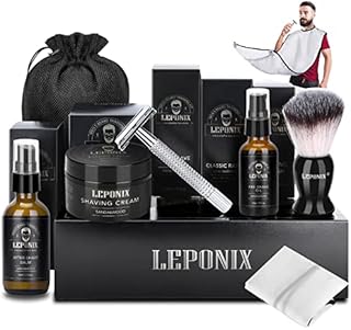 Shaving Kit for Men, Include Safety Razor, Sandalwood Shaving Cream, Mens aftershave, Pre Shave Oil, Shaving Brush, Shaving Apron Bib & Carrying Pouch-Unique Gifts for Men Him Stocking Stuffers