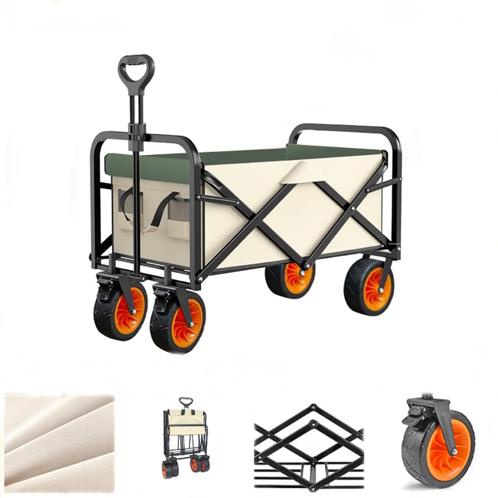 Carrito de camping plegable, todo terreno con ruedas extra anchas, asa ajustable, bolsillos delanteros, capacidad de 150 L, soporta 150 kg, perfecto para uso en la playa y el jardín