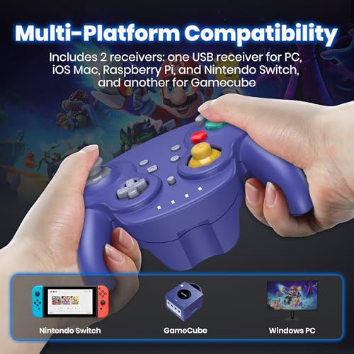 Image of 2 Pack 2.4G Wireless GameCube Controller for Switch 1 2, NGC Console-Indigo | Compatible with Switch Online, Windows PC, macOS (Built-in Vibration) (Rechargeable) (Analog Triggers / Stick)