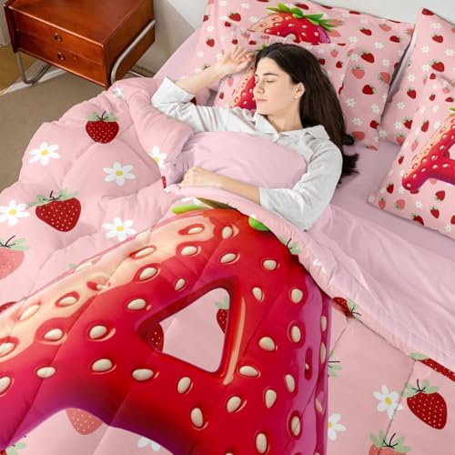 Image of Feelyou Girls Pink Red Strawberry Comforter Set with Sheets 7 Piece Twin Size Initial Letter A Bedding Set for Kids Boys Girls Princess Strawberry Bed in a Bag Room Decor Soft Lightweight Microfiber