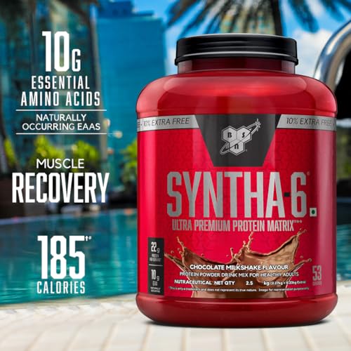 Image of BSN Syntha 6 Protein Powder - 5 lbs+10% Extra, 2.5 kg (Chocolate Milkshake), Ultra Premium Protein Matrix (Whey Protein, Micellar Casein), for Muscle Recovery. Vegetarian.