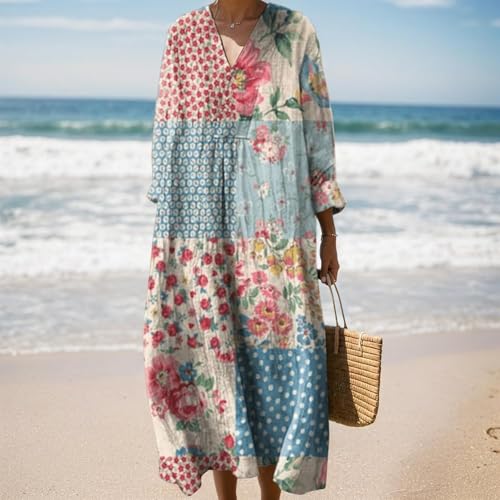 Women's Boho Smocked Long Sleeve Maxi Dress Summer Casual Loose Floral Beach Vacation Dress with Pockets2