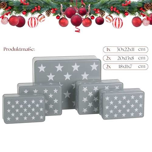 Brandsseller 5er Set Keksdosen aus Metall – Weihnachtsdosen mit Deckel, lebensmittelechte Vorratsdosen für Plätzchen, Gebäck & Kekse – Grau Sterne