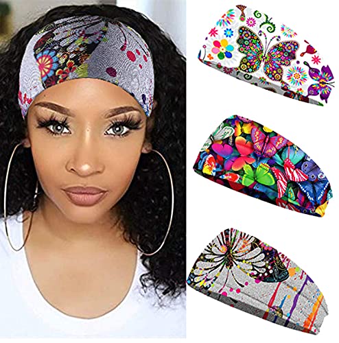 Gortin Boho Headbands Wide Hair Bands Stretch Turban Headband Twisted Head Wrap Floral Printed Cotton Sweatbands Knotted FashionHead Bands for Women and Girls Pack of 3 (Set1-Butterfly)