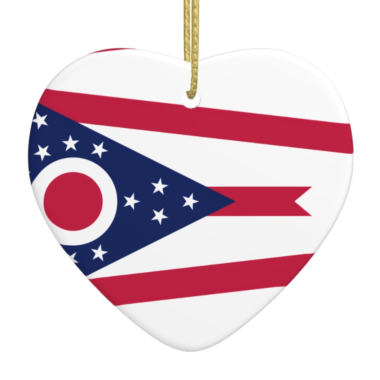 Ohio State Flag Ceramic Christmas Heart Pendant with Silk Thread, Christmas Tree Home Decoration
