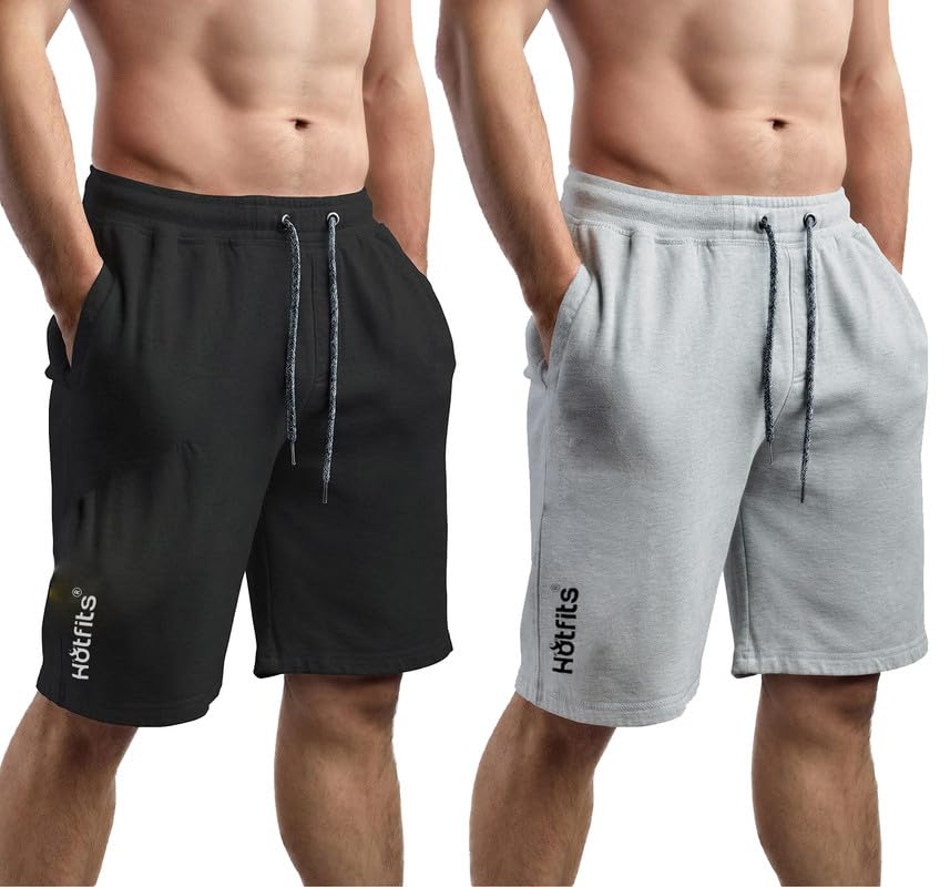 Image of hotfits Plus Size Men's Cotton Knee-Length Shorts - 2-Pack | Solid Colors, Breathable, Comfortable Workout, Running, Nightwear Shorts with 2 Side Pockets for Daily Casual & Sports