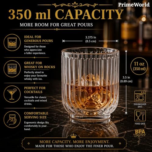 Image of PrimeWorld European Ribbed Whiskey Glasses Set of 6 pcs- 350 ml Bar Glass for Drinking Bourbon, Whisky, Scotch, Cocktails, Cognac- Old Fashioned Cocktail Tumblers