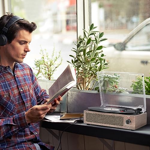 Image of Vintage Vinyl Record Player with Speakers Retro Turntable Belt-Driven LP Phonograph 3-Speed Bluetooth Wireless Input AUX-in Headphone RCA Line Out All-in-one for Beginner Wooden Grain Grey