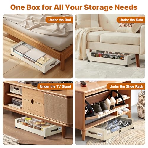 Under Bed Storage with Wheels,XXL 60L Under Bed Storage Containers with Clear Lids, Rolling Under Bed Metal Drawer for Clothes, Shoes,Toys (White, 2 Pack) - Image 6