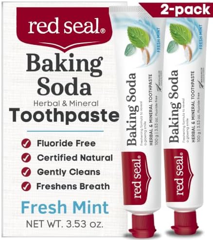 Red Seal Baking Soda Toothpaste - Fluoride-Free Herbal & Mineral Formula, Vegan-Friendly, Cruelty-Free, SLS and Paraben-Free, No Artificial Flavors, NATRUE Certified Natural, Dry Mouth Relief (2 Pack)
